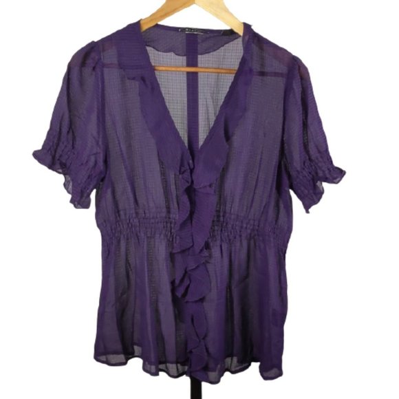 Basque Tops - Basque Blouse Size 14 Purple Sheer Ruffle Short Sleeve Button-up Check Elastic
